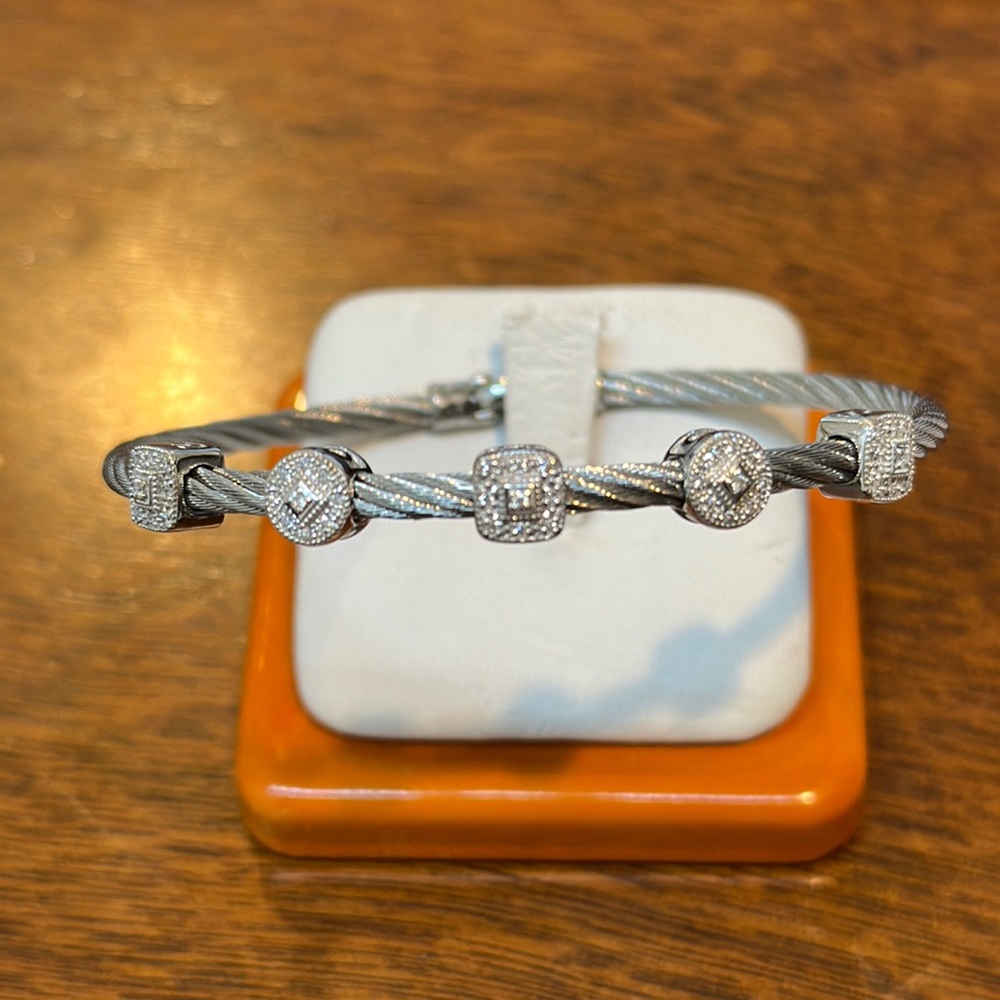 Charriol stainless steel, diamond & 18k white gold 5 station bangle. Beautiful